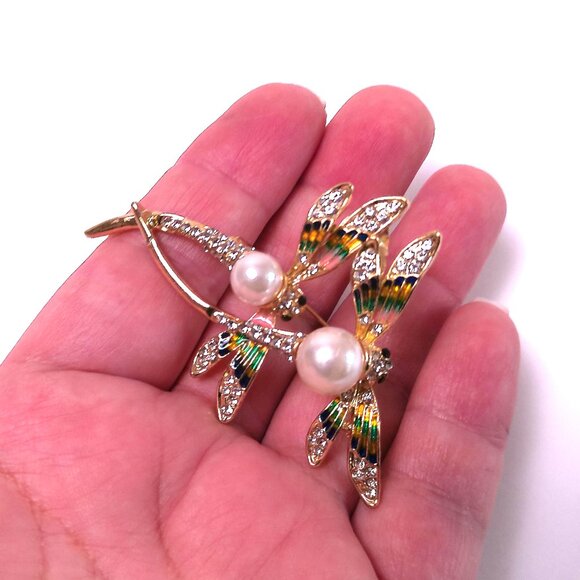 Brooch Dragonflies rhinestones pearly beads sparkly fashion accessories - Picture 2 of 4